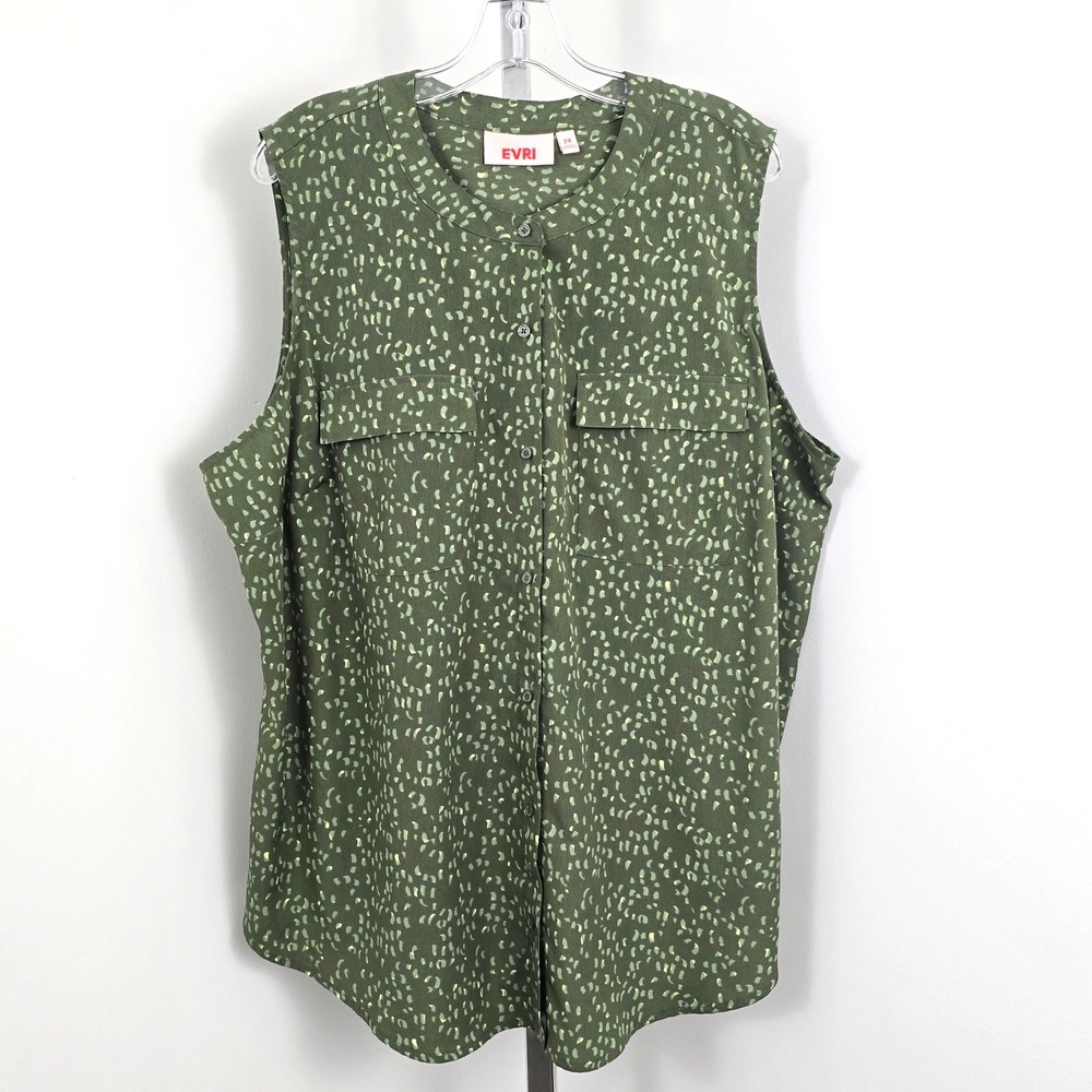 Evri Button Front 2-Pocket‎ Sleeveless Round Neck Top Green Print 2X